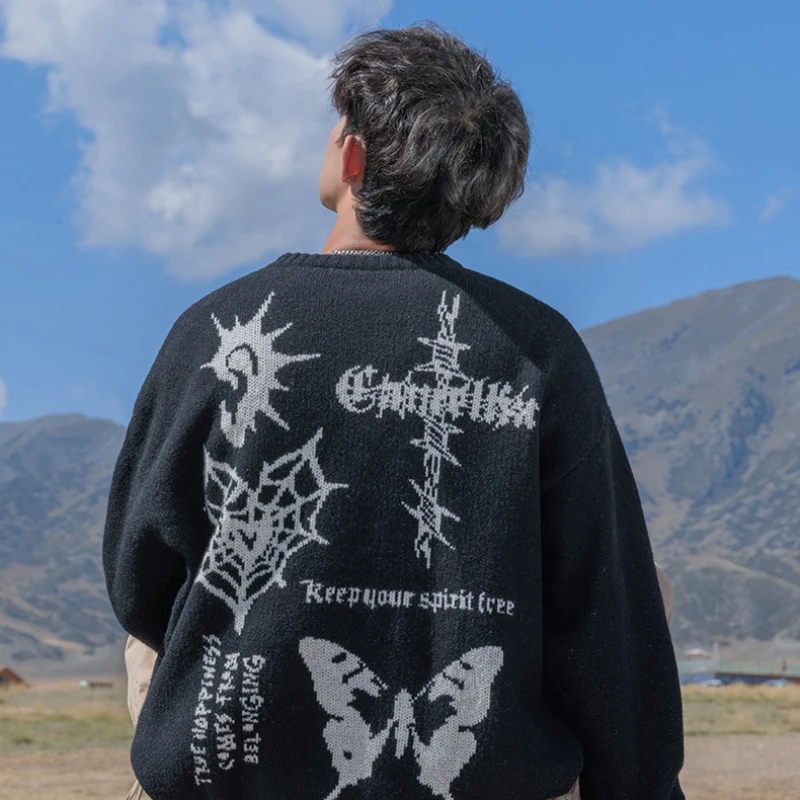 2025 Hand-painted Jacquard Design Knit Sweater Vintage Crew Neck Sweater Fashion Casual Pullover Women Men Clothing