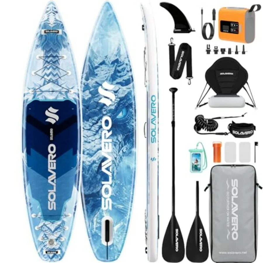 

Inflatable Stand Up Paddle Board for lake river ocean use, PVC material, blue-gray color, 600lb capacity with anti-slip EVA dec