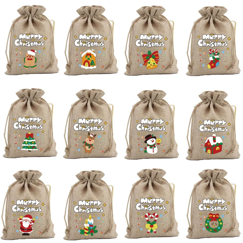 5Pcs/Lot Christmas Jute Bags 10x14 13x18 15x20cm Xmas Bracelets Jewelry Packaging Bags Small Drawstring Pouch Candy Gift Bag