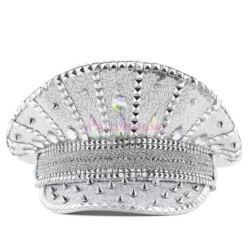 N5KF Sequins Captain Hat Rivets Sailor Hat for Disco House Cocktail Parties Vacation Sparkly Crystal for Comedian Actor