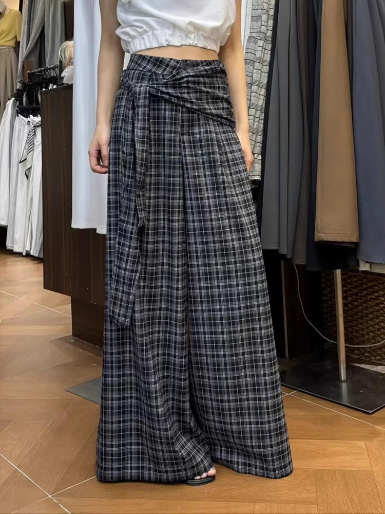 

Retro British style spring design tied plaid striped pants women loose straight leg high waisted casual wide leg floor pants