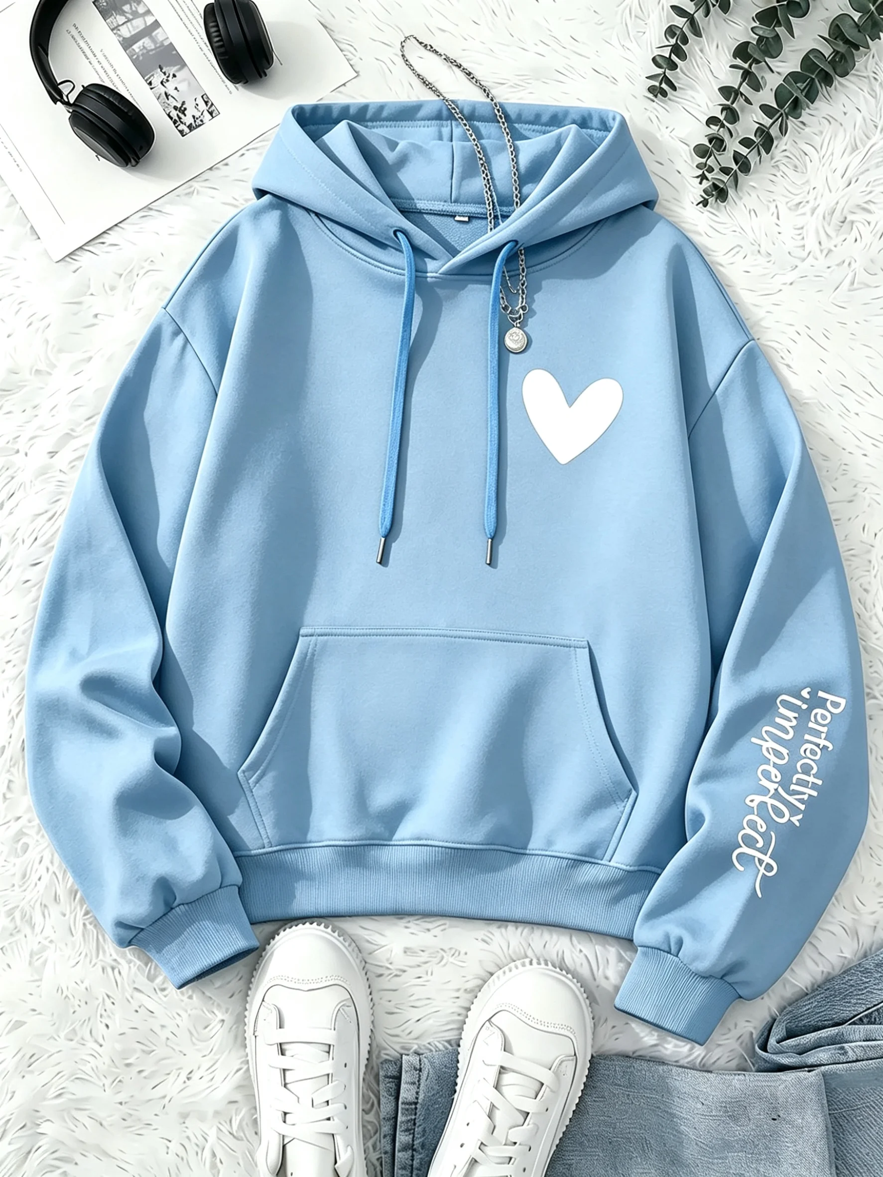 Damen-Sweatshirt mit perfekt unvollkommenem Buchstabenmuster, süßes Herz-Design, Rundhalsausschnitt, lässiger Pullover, weiches Fleece, lange Ärmel, Mädchen-Streetwear. – Detail 12