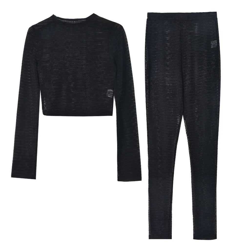 Woman 2pcs Knitted Suit Solid Color Long Sleeve O Neck Casual T-shirt+Pencil Pant Tracksuit  S