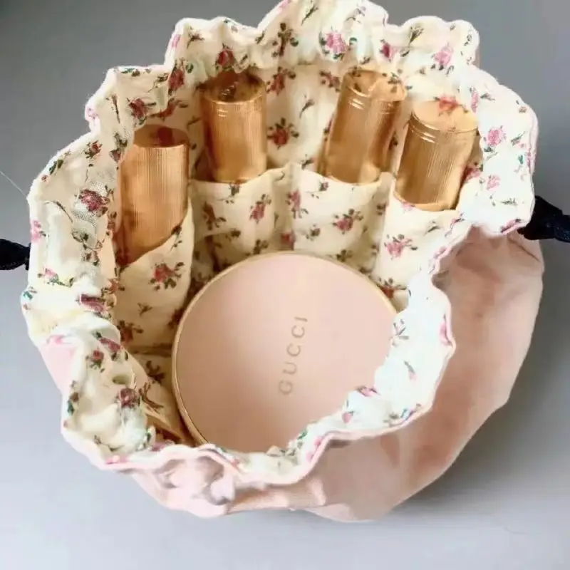Floral Lining Drawstring Makeup Bag Portable Divided Cosmetic Storage Pouch Large Capacity Travel Lipstick Skincare Organizer