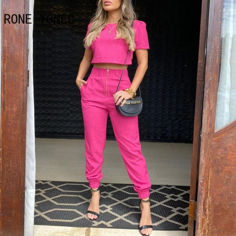 Conjunto de Top corto de manga abullonada y pantalones de diseño con bolsillo frontal y cremallera para mujer, traje de vacaciones de verano