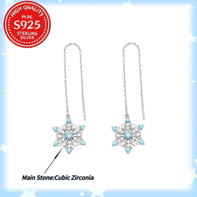 

Snowflake Ear Threads Women, S925 Sterling Silver 3A Zirconia Dangle Earrings, Christmas Valentine Gift for Her