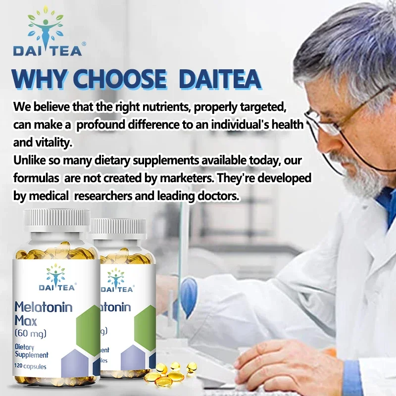 Daitea 멜라토닌 채식 캡슐, 수면 품질 촉진, 눈 건강, 기상 시간 감소, 60 mg