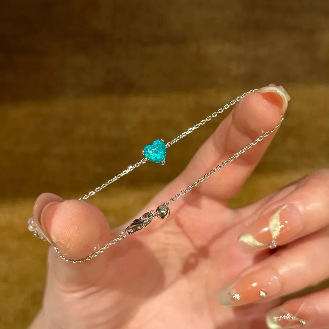 Image of 925 Sterling Silber Einfache Eleganz Süße Seeblau Minzgrün Liebe Paraiba Zirkon Ohrstecker Halskette Schmuck