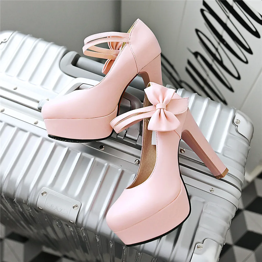 Spring High Heels Women Platform Pumps Ankle strap Shallow Mouth Single Shoes Bow Ladies High Heels White Wedding Women Shoes