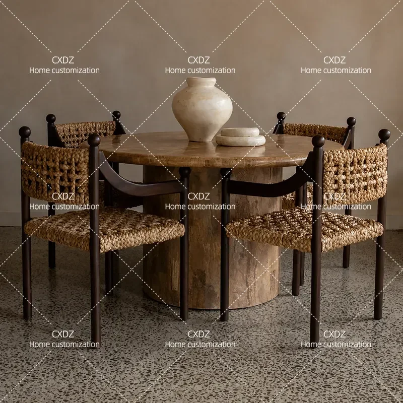 Pablo Grass Rattan Dining Chair with Armrests Natural Rattan Weaving Solid Wood Frame for Hotel Restaurant Home Furniture