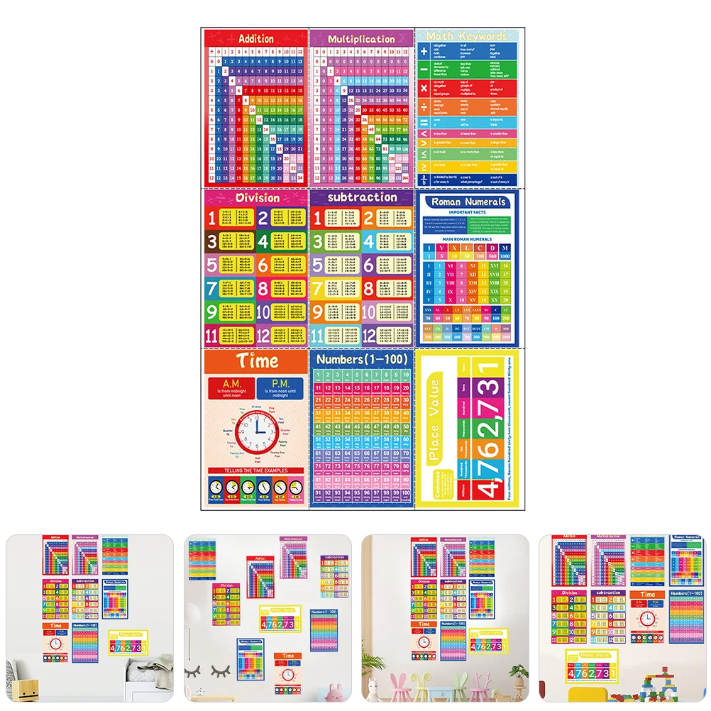 9 Sheets Laminated Learning Numbers for Classroom Pvc Posters Portable Math
