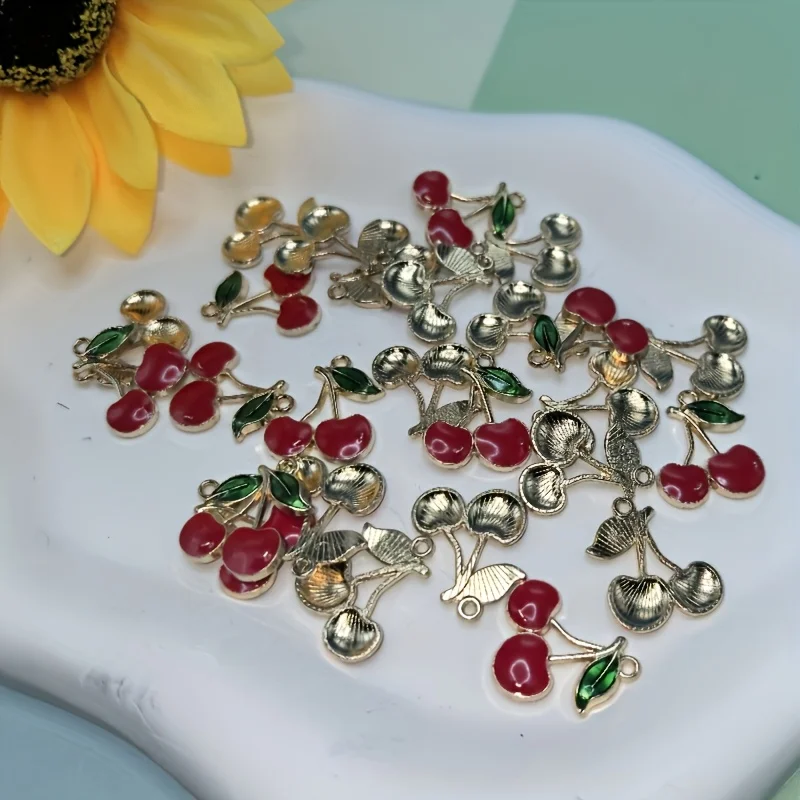 

20 Red Enamel Cherry Pendants with Gold Alloy Green Leaves - Mini Pendant Jewelry Accessories, DIY Oil-Drip Alloy Jewelry Access