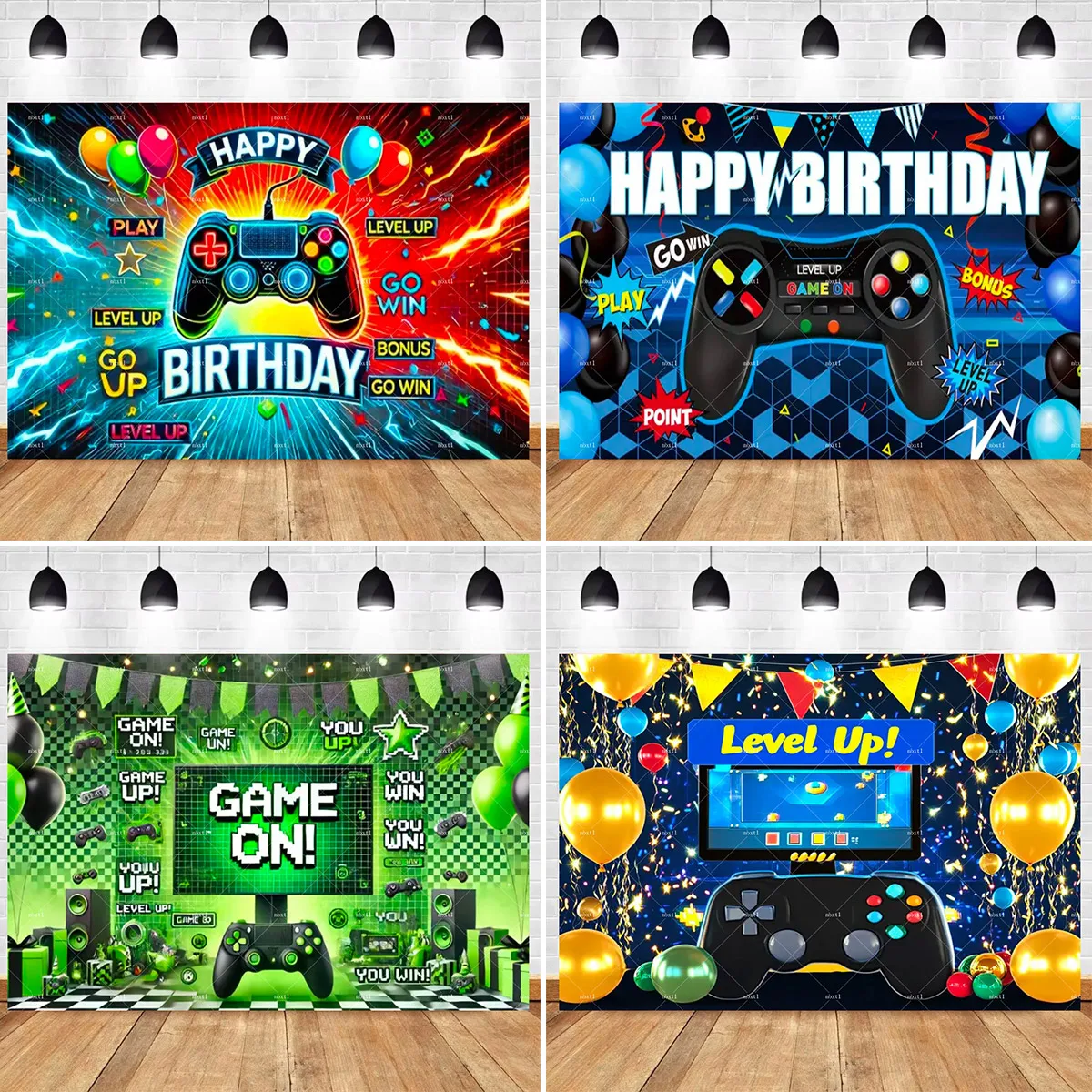 Video Game Happy Birthday Backdrop Banner Level Up Supplies Game Controller Theme Photography Party Decoration Background Props