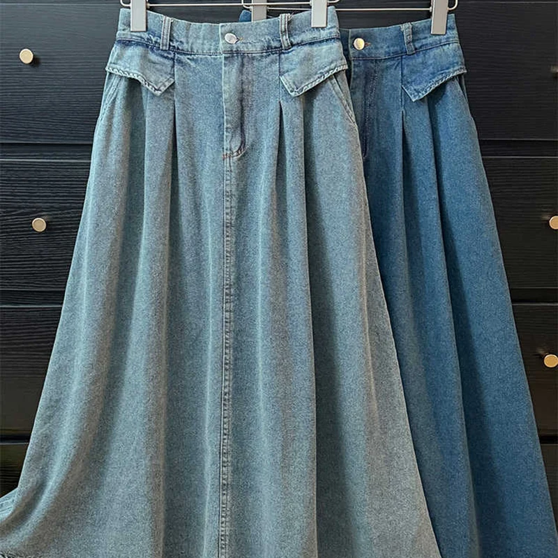 

Retro Korean Style Denim Skirts Women Spring Summer Elastic High Waist A-line Mid Length Blue Simple Loose Jean Skirts