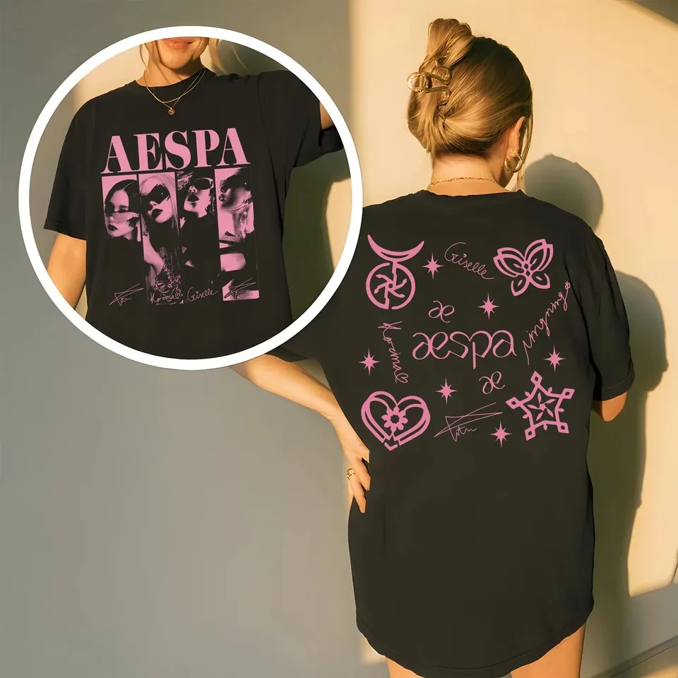 Aespa Kpop Group Graphic T-Shirt Front Back Member Photo and Signature Print Fans Women's Men's and Kids Short Sleeve Tee