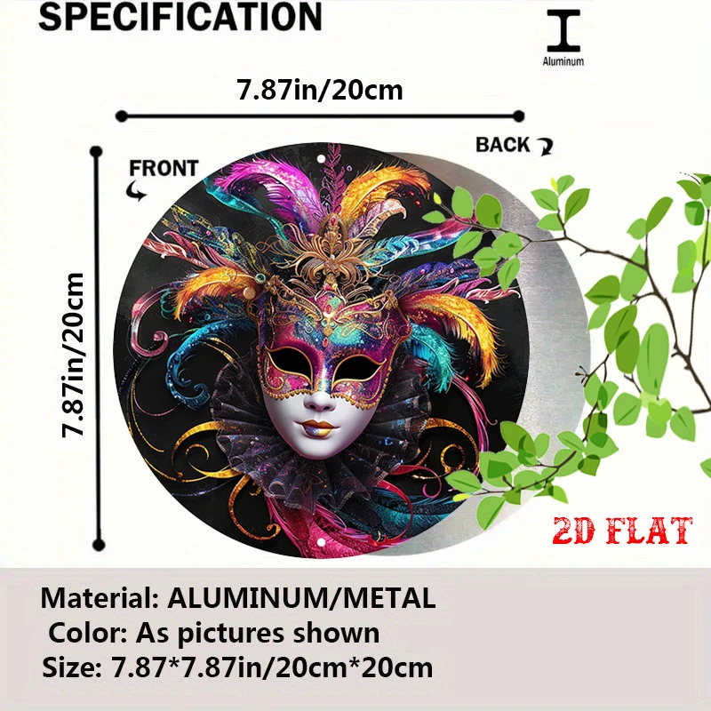 2D Flat, 1pc Venetian Masquerade Mask Metal Wall Decor - Venetian Carnival Feather Round Emblem with Ornate Mask Face, Golden To