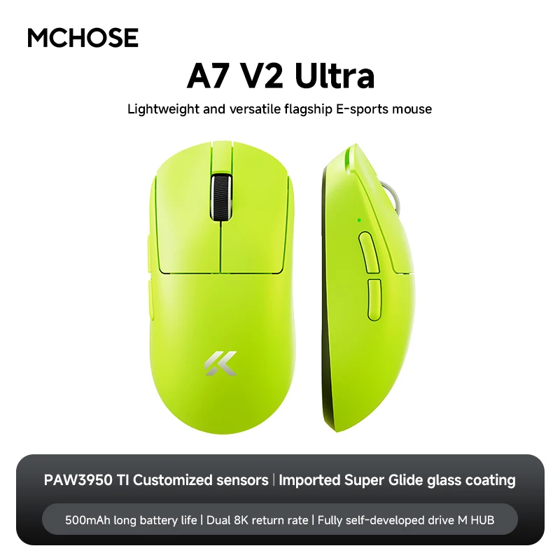MCHOSE A7 V2 Ultra Gaming Muis PAW3950 TI Sensor Dual 8000Hz 20000fps 42000DPI 750IPS Geïmporteerde Super Glide Glas Coating CSGO