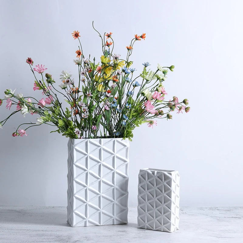 Ceramic Vase Geometric Rectangular Grid Vase Floral Arrangement Flowerpot Checkered Pattern Vases Home Decoration Accessories