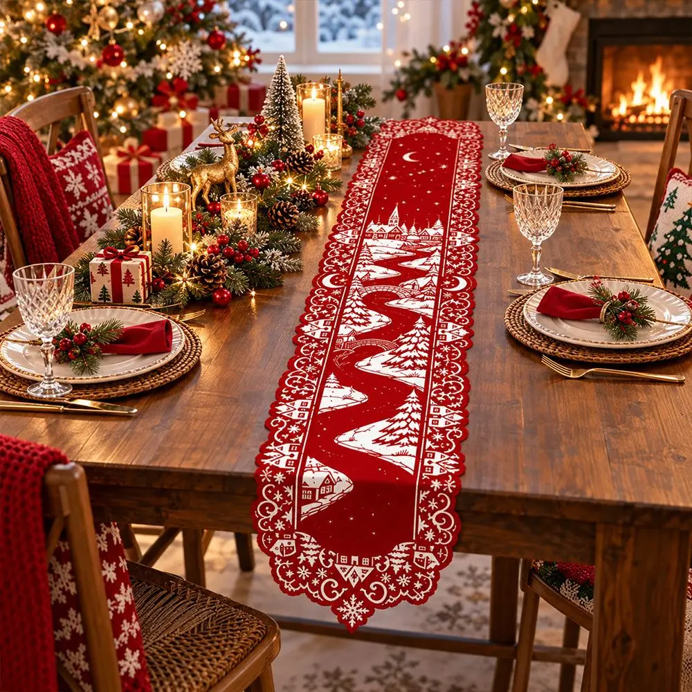 New Lace Edge Christmas Table Runner Christmas Print Classic Hollow Holiday Table Runner Table Cloth Flag Festive Table Decor