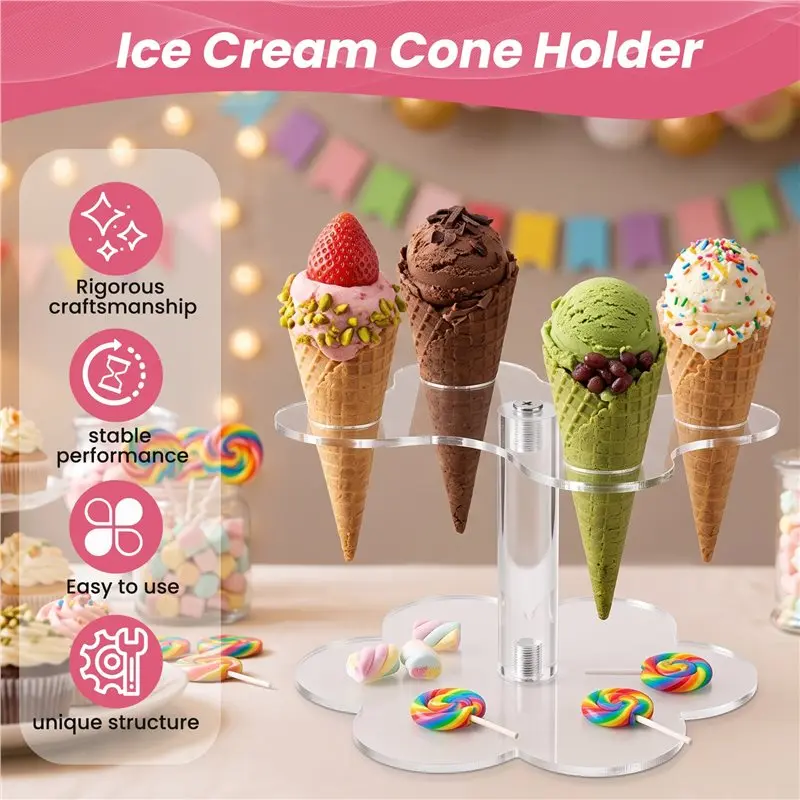 A01F-Ice Cream Cone Holder,4 Holes Acrylic Cone Display Stand Waffle Sushi Hand Roll Stand Rack For Kids Baking Party Buffets