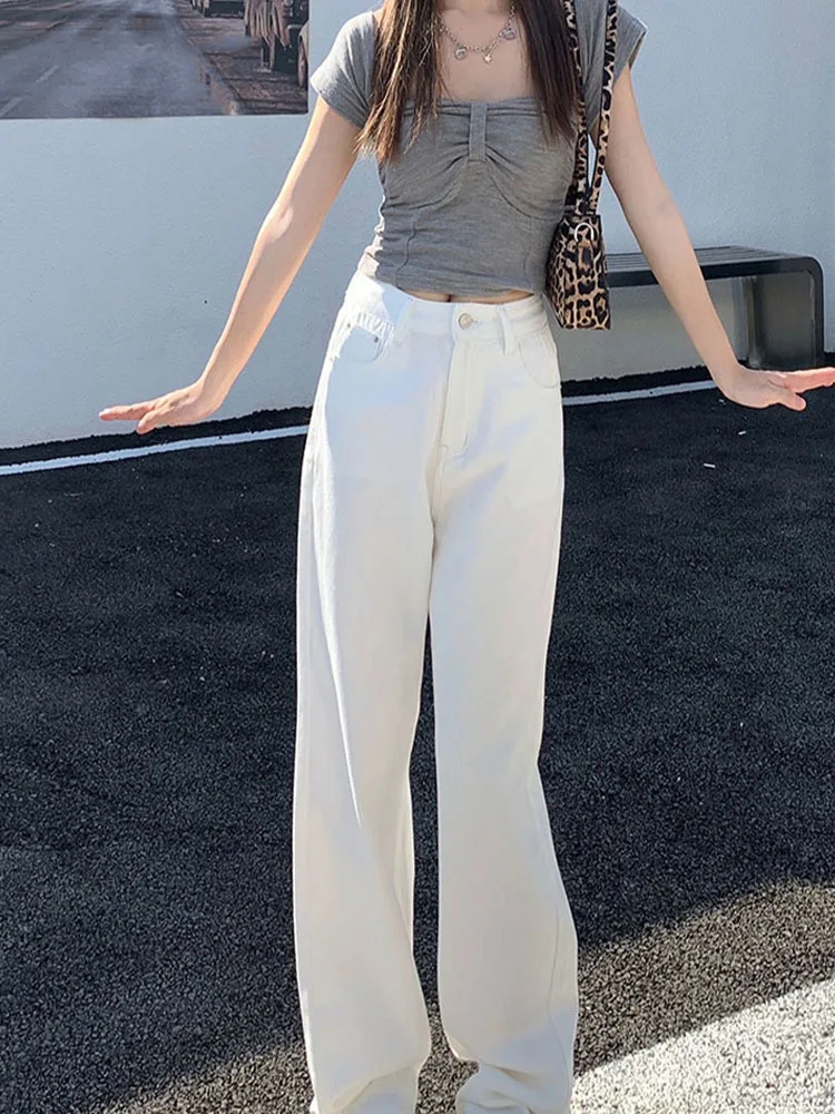 2024 Korean Style Spring Pink Pattern Women's White Wide-leg Jeans Minority Simple High Wasited Trousers