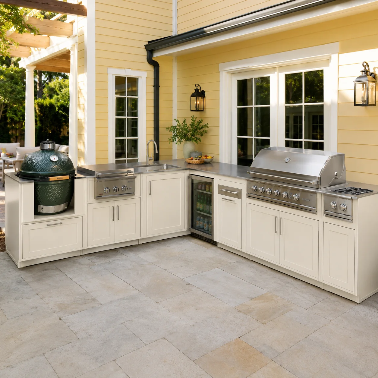 Luxury Outdoor Kitchen Island Set with Built-in Gas BBQ Grill, Pizza Oven & Storage Drawers Prefabricated Patio Cooking Station