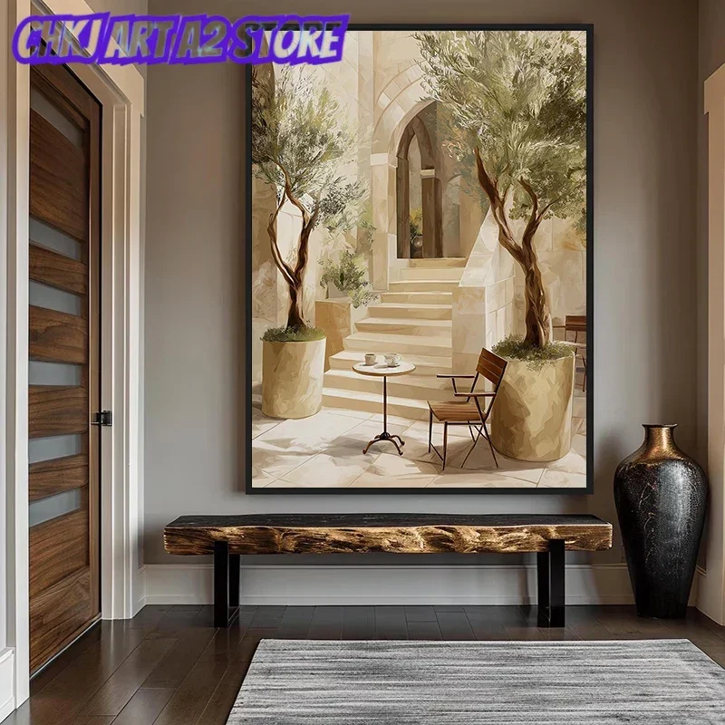 Mediterranean Courtyard Olive Tree Stairs Minimalist Poster and Prints Canvas Painting Wall Art Pictures Home Decor Cuadros