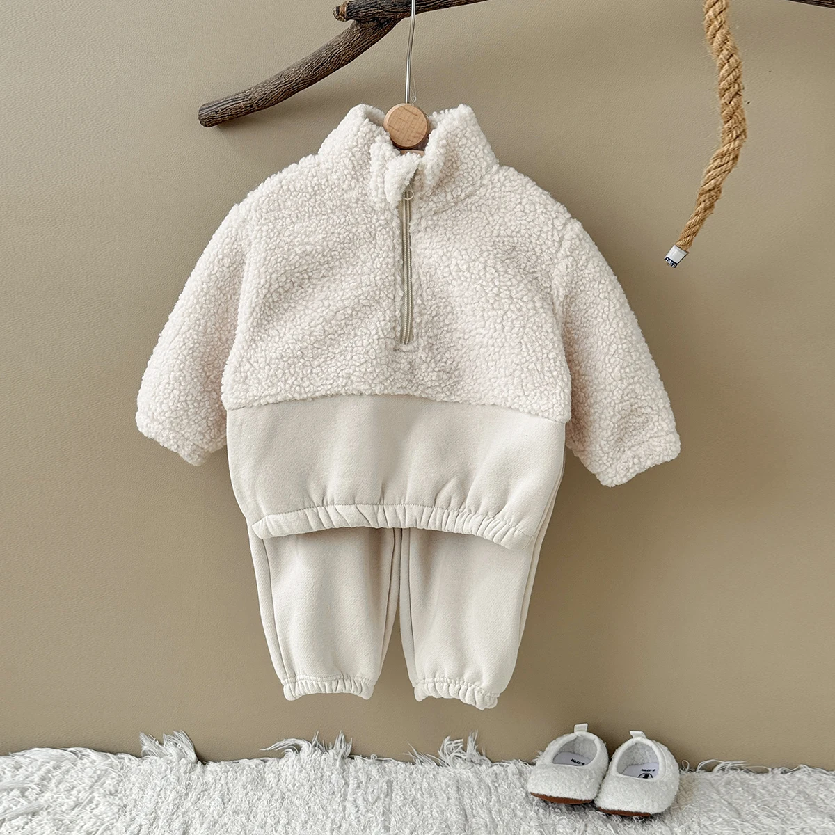 Herbst Winter Thermo Anzug Baby Kleidung Sets Jungen Mädchen Lamm Fleece Farbe blockiert hohen Hals Top + Solid Hosen – Detail 2