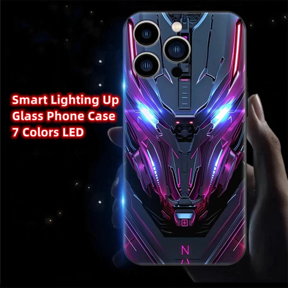 Metal Mech Mask Design Smart LED Light Glow Tempered Glass Phone Case For iPhone Air 17 16 15 14 13 12 11 Pro Max Plus