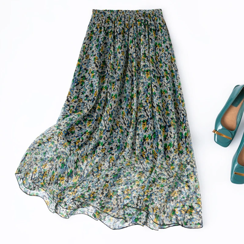 Women Silk Skirt 100% Mulberry Silk Green Floral Printed Long Type Skirt With Silk Lining 2026 Summer Beach Big Hem M1538