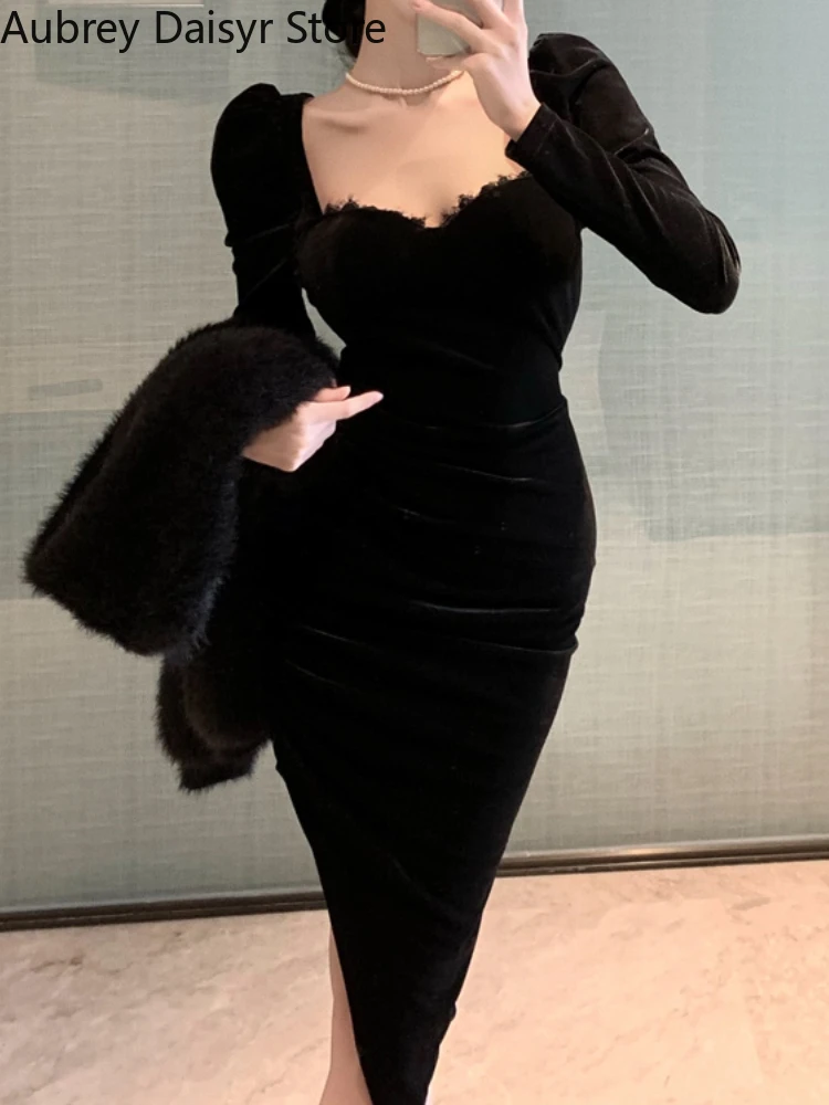 French Elegant Black Velvet Midi Dress Women Sexy Chic Irregular Designer Dress Winter Casual Long Sleeve Evening Party Dress