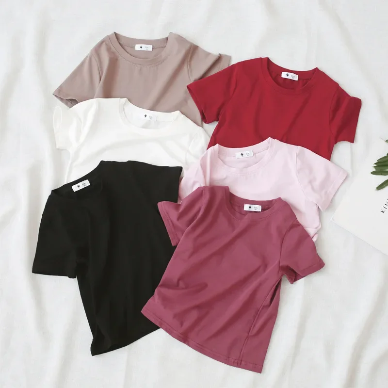 T-Shirts Clothes Cotton Short  Sleeve Yellow Red Green Kids Under Shirt Bottoming Clothing 24 Colors Summer Girls Boys Solid