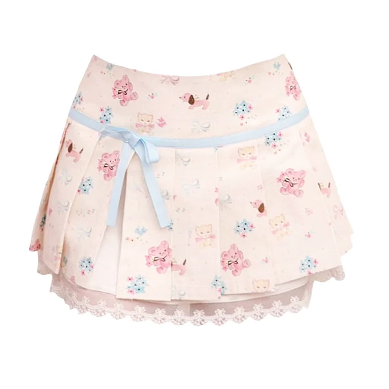 Women's Cute Printed Bow Mini Skirt Y2K Lace Harajuku High Street 2000s Streetwear A-line Mini Sexy Skirt Summer 2025 Clothing