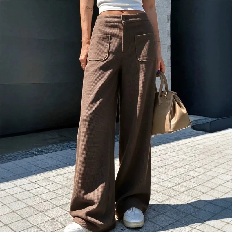 New Women's Casual Trousers New Spring Autumn Loose Waffle Knitted Multi Color Wide Leg Pants  Pockets Button Zip Women Trousers