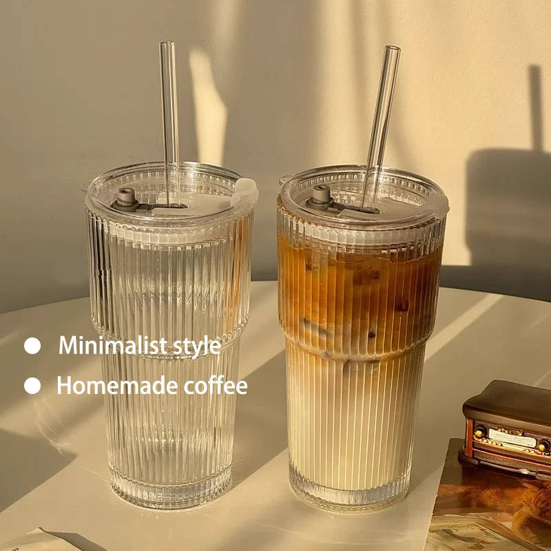 2025 gran capacidad con tapa con pajita taza de vidrio de rayas verticales taza de bebida fría de alto valor taza de bebida de café taza de agua minimali