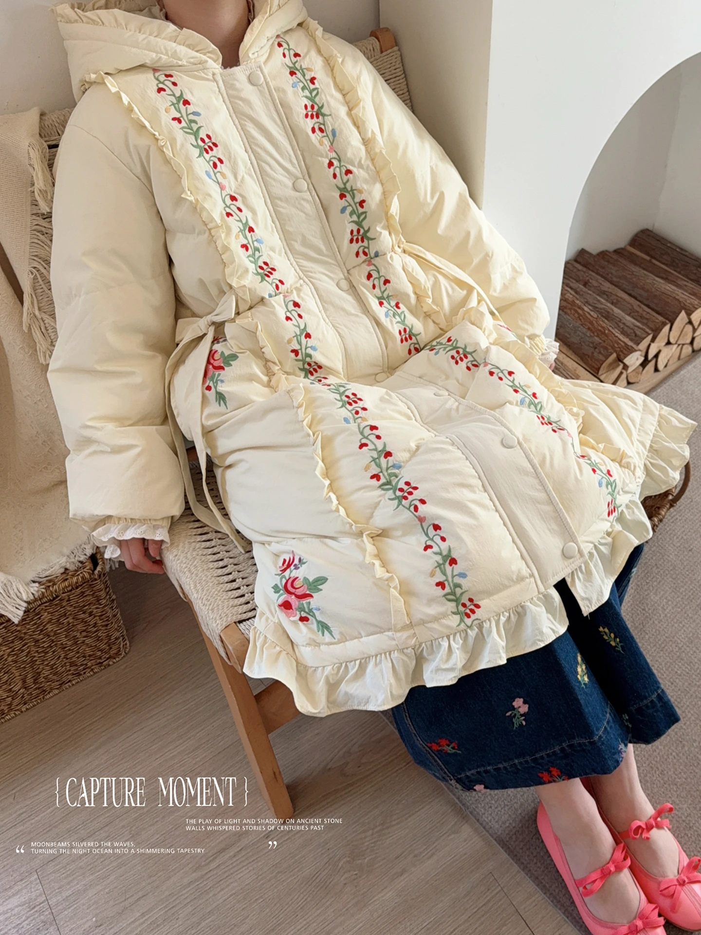 TIYIHAILEY Women Full Sleeve Long Mid-Calf Thick Outerwear Hoode Zipper Down Jacket Embroidery Warm Coats Japanese Style