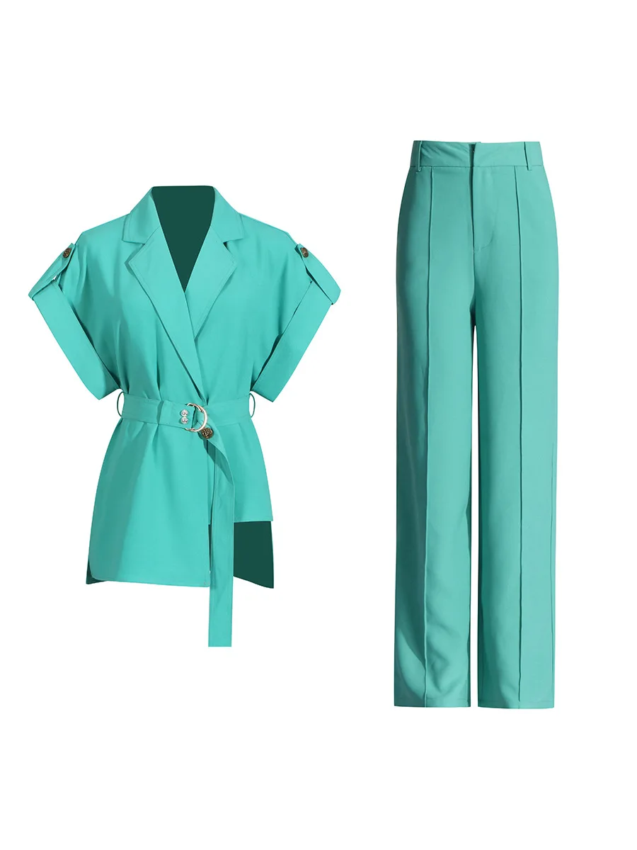 Blue Women Suit Pants Set 2 Pieces Blazer With Belt+Trousers Sexy V Neck Sleeveless Evening Office Lady Jacket Coat In Stock