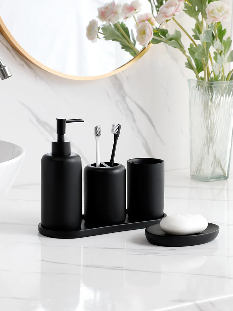 

Bathroom Accessory Black with Toothbrush Holder Toothbrush Cup Tumbler Soap Dispenser Soap Dish and Tray