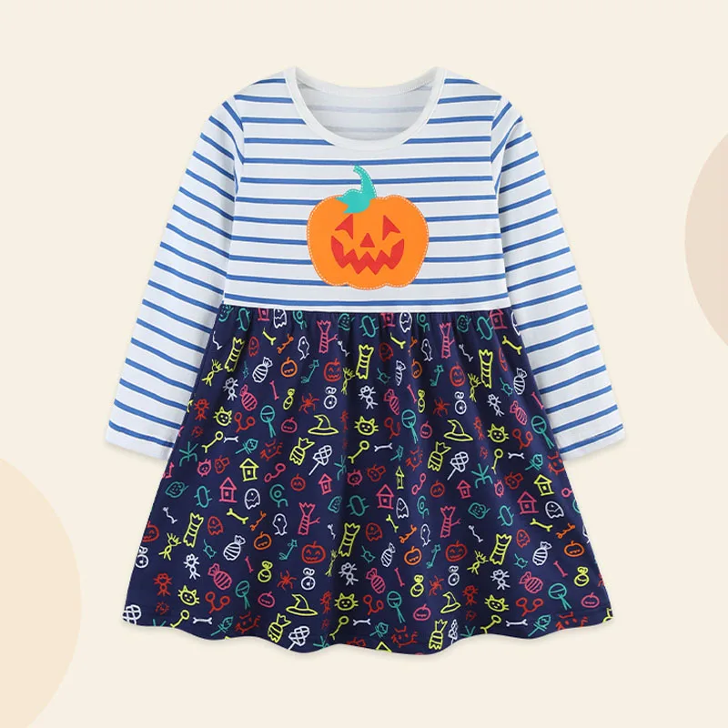 

2-7Y Halloween Girls Dress Pumpkin embroidery Long Sleeve Striped Splicing Dresses Kids Cute Festive Costumes
