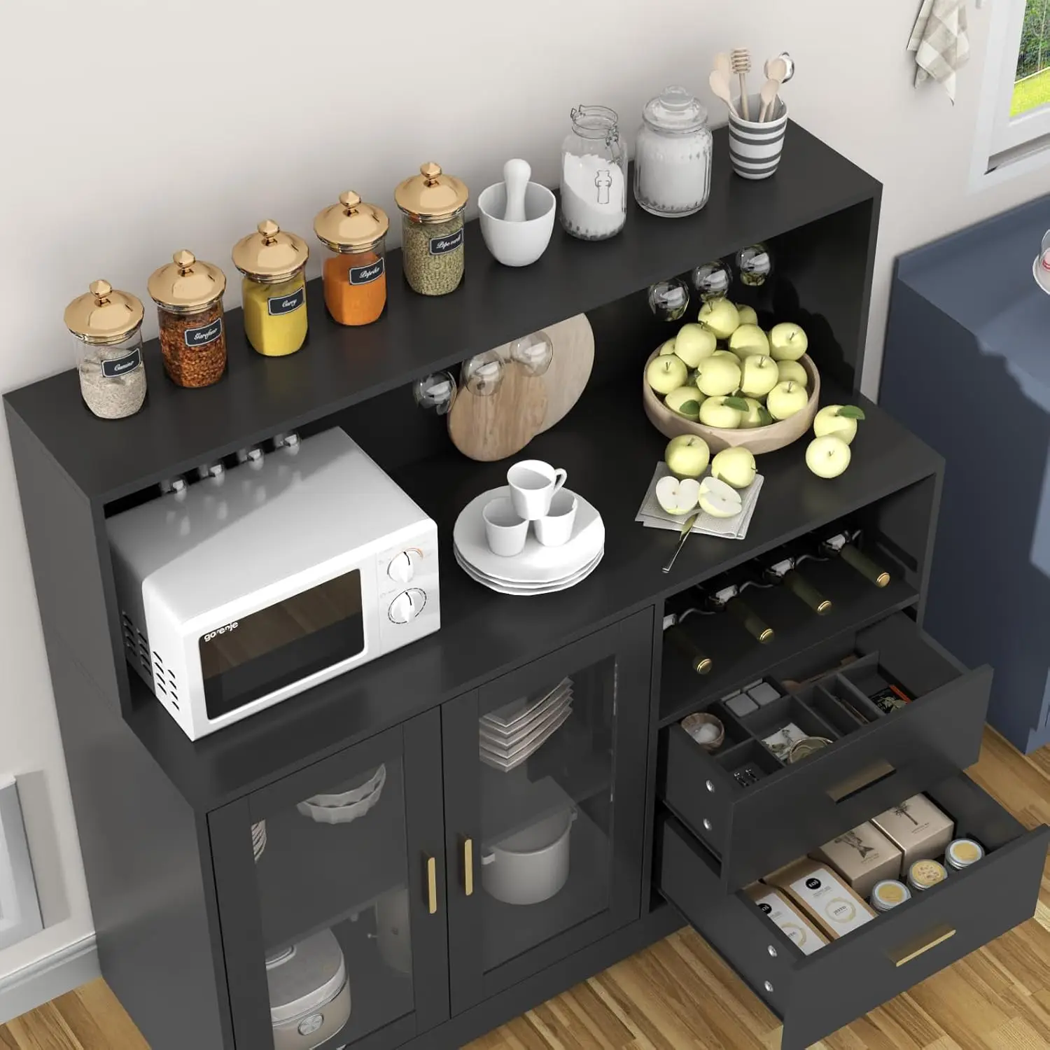 Home Coffee Cabinet with Wine and Glass Rack, Kitchen Buffet Sideboard with Storage Cabinet&Drawers