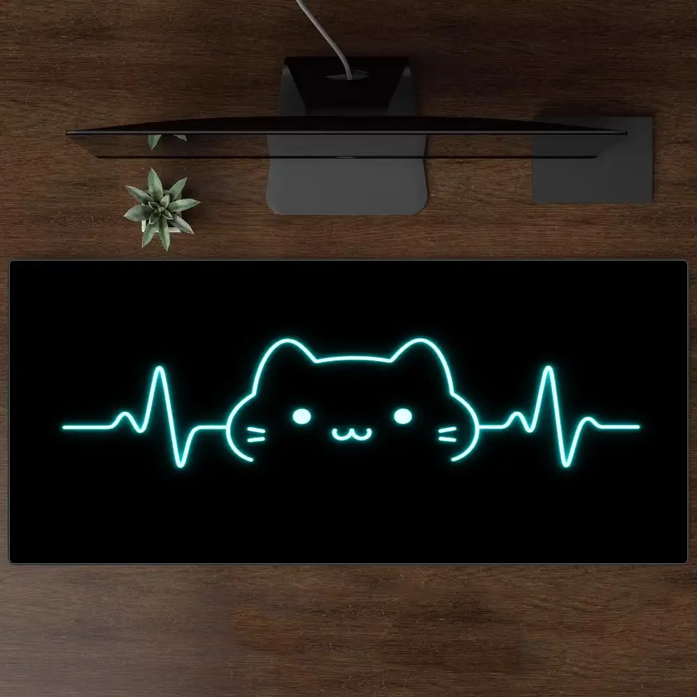 Cute Neon Cat Heartbeat Large Desk Mat Minimal Kitten ECG Neon Glow Line Art Black Style Mousepad for Laptop PC Game Office