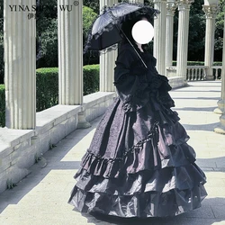 Women Vintage Palace Lolita Dress Sweet Princess Square Collar Lace Bowknot High Waist Long Victorian Gothic Dress Girl Black