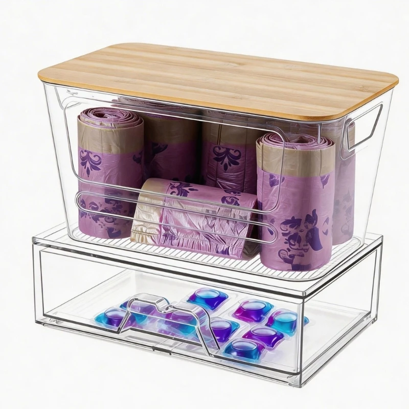 Kunststoff-Aufbewahrungsbox für Waschkapseln und Abfallsäcke mit sichtbarer Platte und unterteiltem Layout-Design B03E – Detail 5
