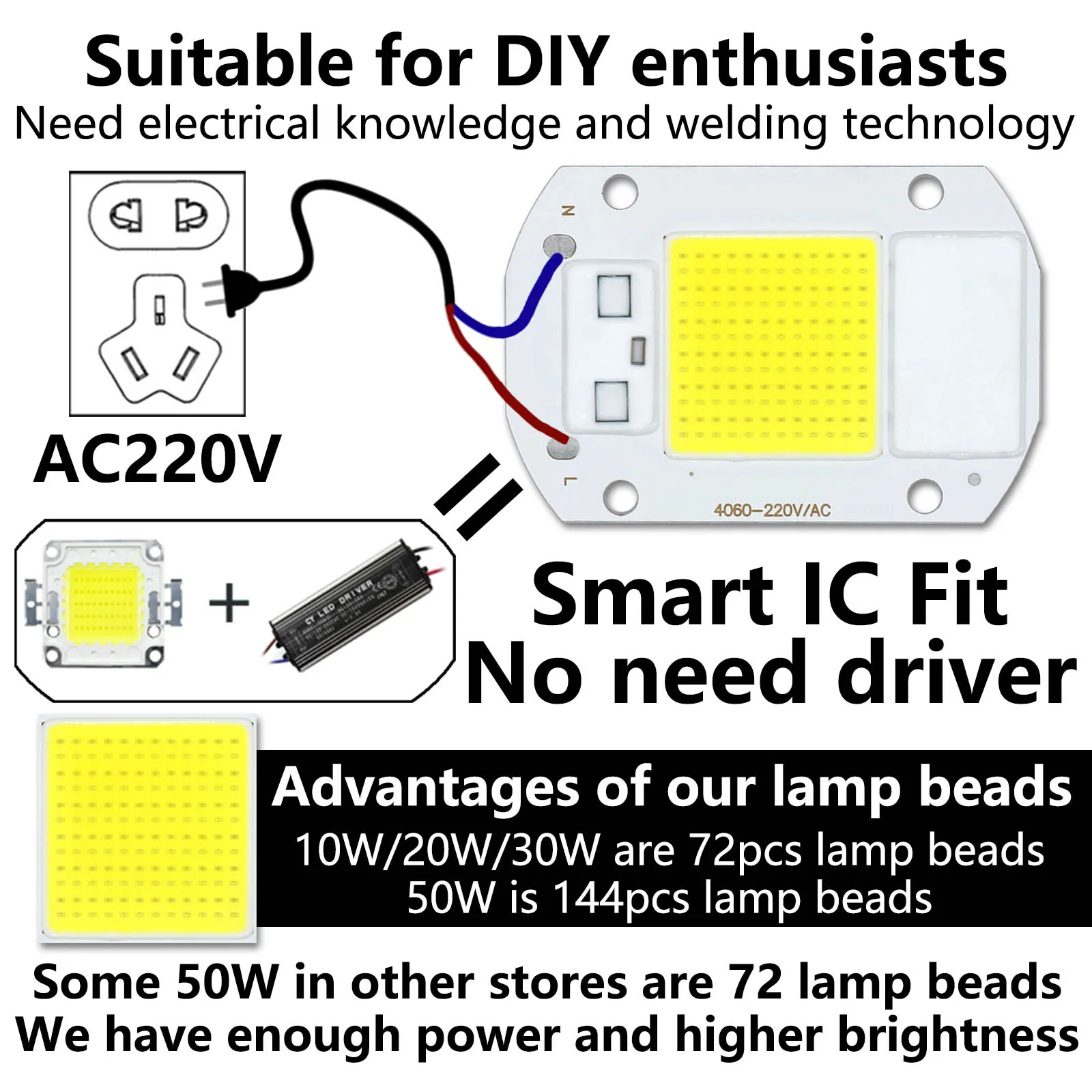 10pcs COB Lamp Bead IP65 LED Chip AC220V 50W Smart IC No Need Driver Cold White Aluminum Diode for Spotlight Floodlight Bulb DIY