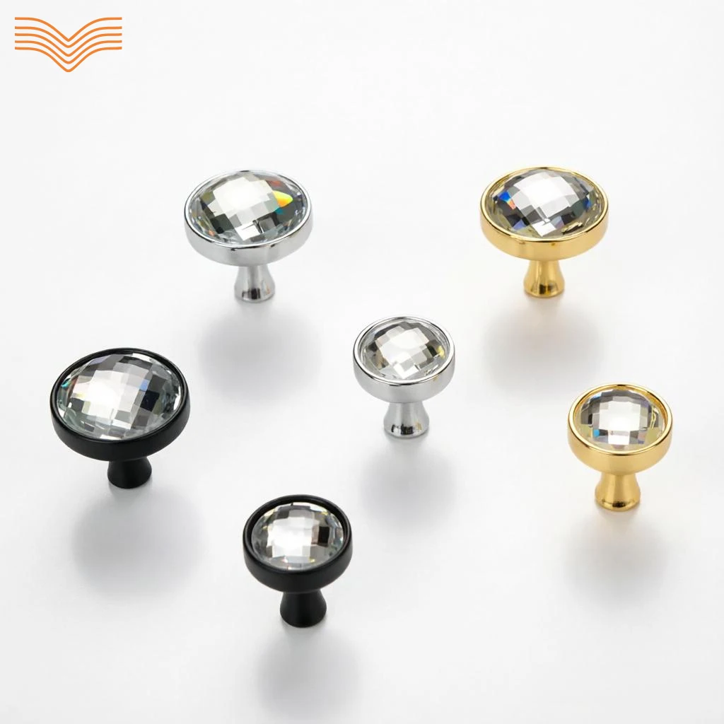 Modern Minimalist French Round Crystal Knobs Gold Silver Single Hole Wardrobe Handles Cabinet Drawer Furniture Pulls