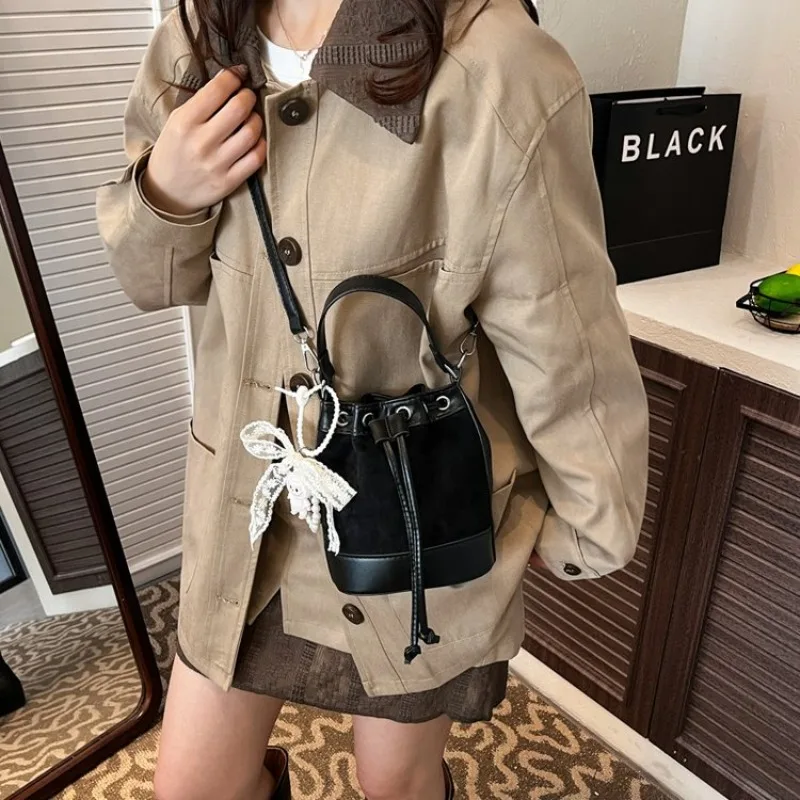 

Women's Black Suede Mini Bucket Bag with Drawstring & Top Handle, Casual Style for Daily Errands & Office Commute Bags for Women