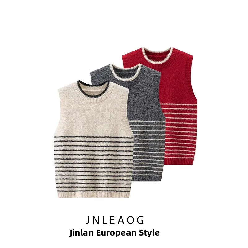 

JNLEAOG Autumn New Sle Women's Knitted round Ne Vest Layering Top College Sle Retro Design Polyester Fiber Blend