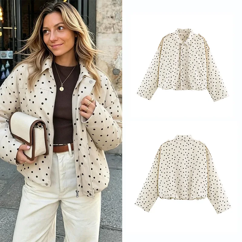 SLTNX 2026 Autumn Retro Brown Polka Dot Women Short Trench Coat Lapel Collar Loose Drop Shoulder Daily Outer Jacket