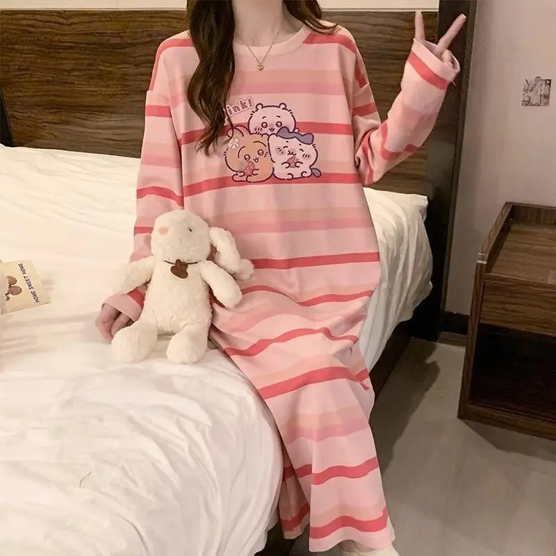 

Ночная рубашка Sanrio Hello Kitty, хлопковая, изысканная, женская, для дома, с милым мультяшным принтом в полоску, с длинными рукавами, весна-осень, длина до колена