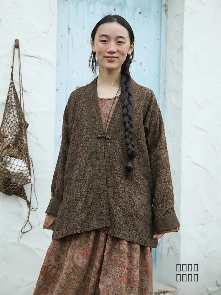 

Оригинальный дизайн, верхняя одежда из смесового шелка и хлопка, винтажный, художественный, свободного кроя, на пуговицах, удлиненный рукав, весенняя мода